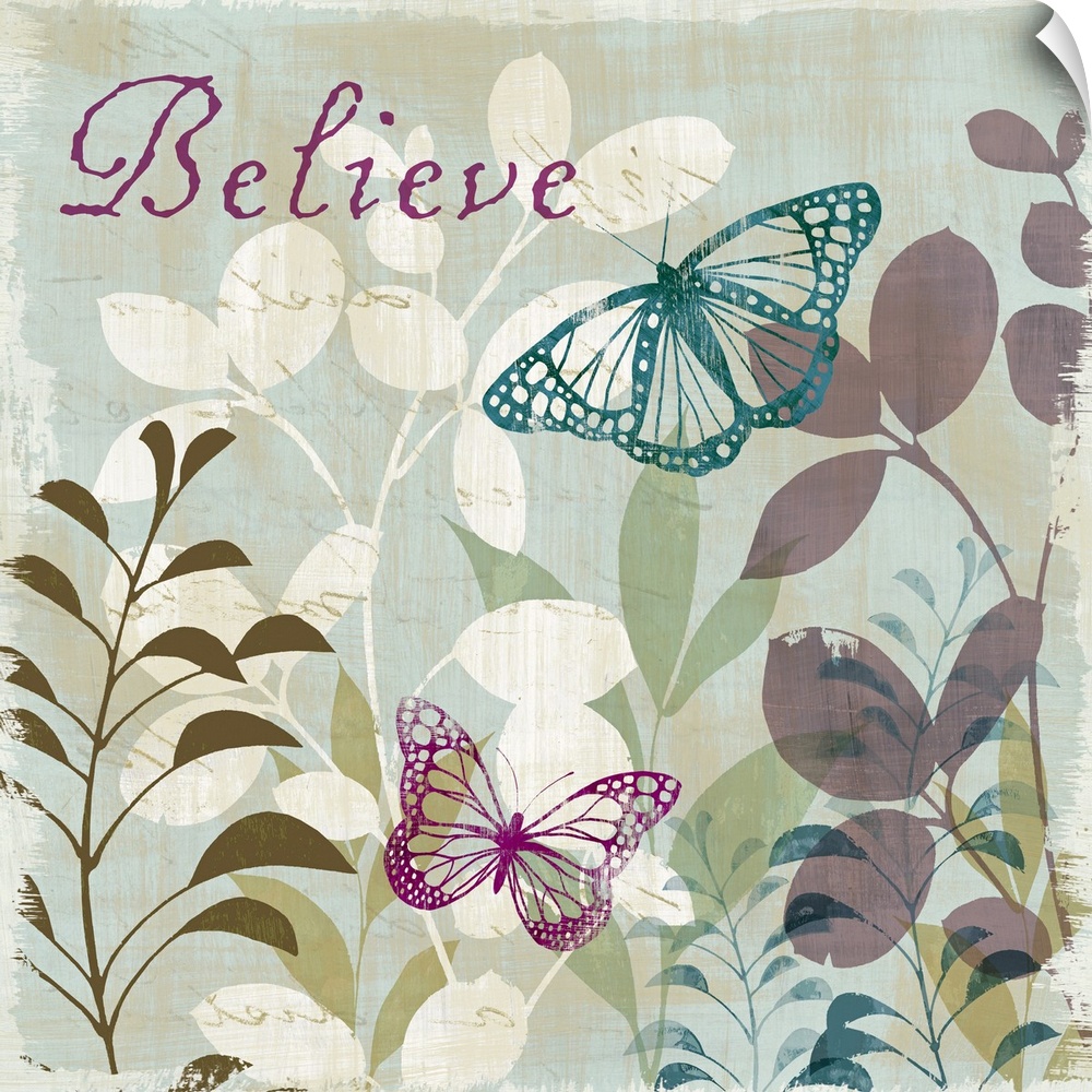An inspirational piece perfect for the home of drawn butterflies and colorful foliage with the world "Believe" written up ...