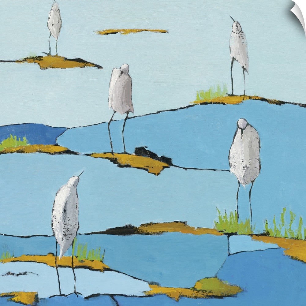 Square abstract painting of five white egrets relaxing on a blue and gold patterned marsh.