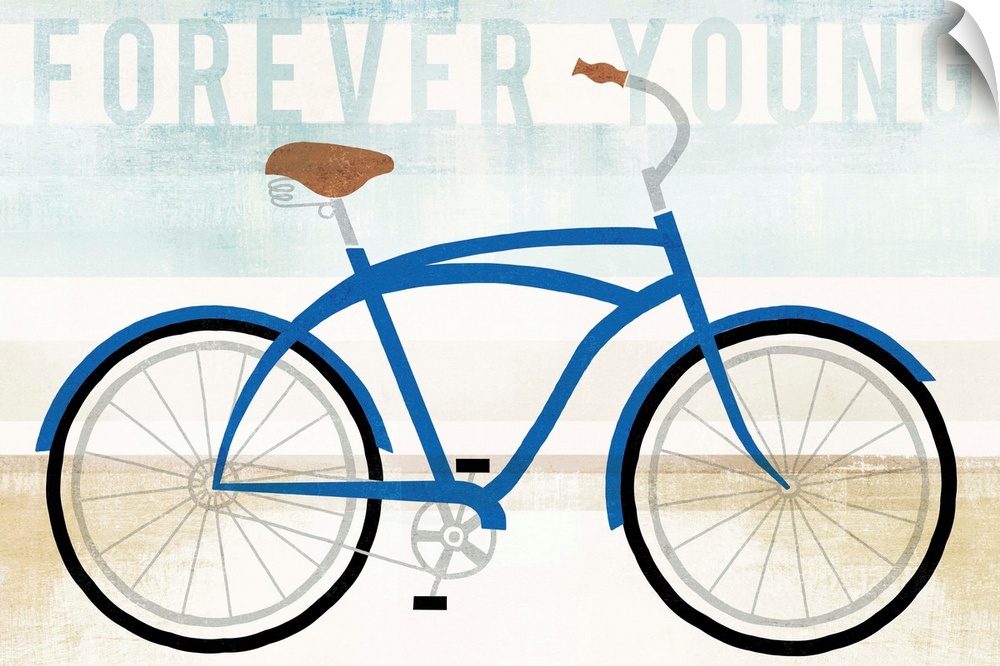 "Forever Young" with an illustration of a blue bicycle on a blue, white, and tan background created with horizontal lines.