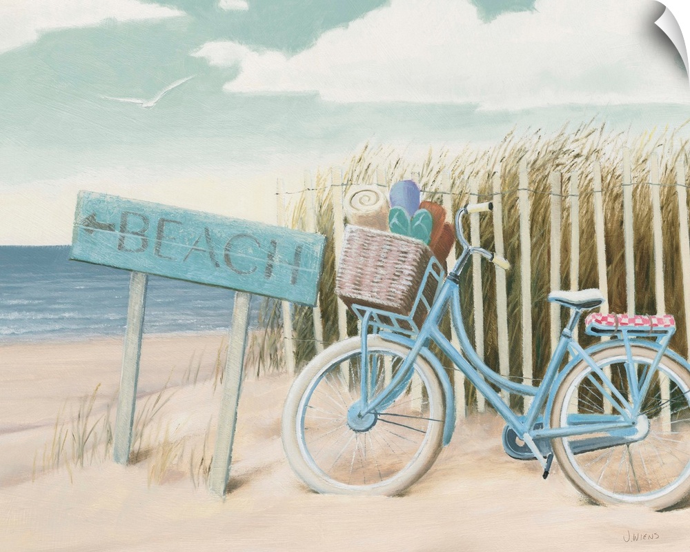 Contemporary artwork of a bicycle leaned up against a sand dune fence on a beach.