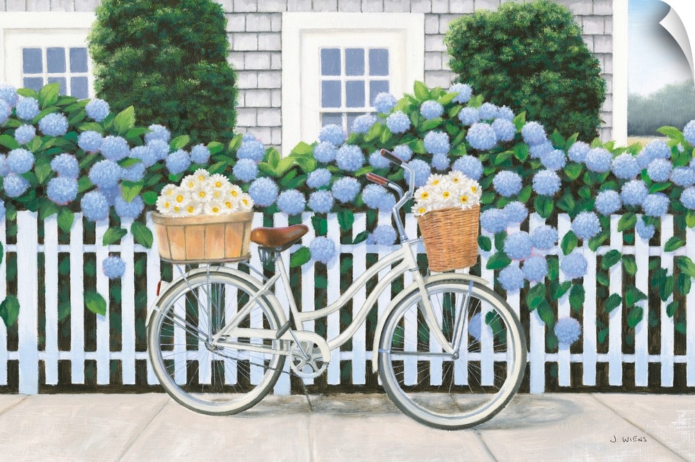 Contemporary painting of a white bicycle with two baskets of daises leaning up on a white picket fence with blue hydrangea...