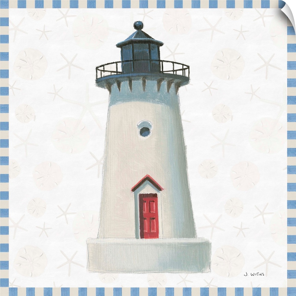 Painted beach decor with a lighthouse in the center and a blue and off-white checkered border.