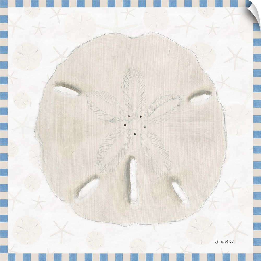 Painted beach decor with a single sand dollar in the center and a blue and off-white checkered border.