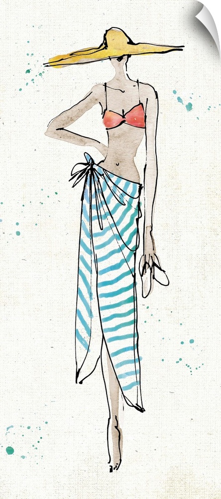 Fashion drawing of a woman in a swimsuit and towel.