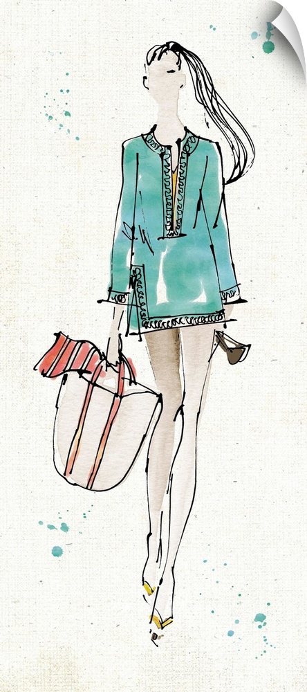 Fashion drawing of a woman with a ponytail and totebag.