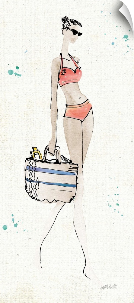 Contemporary fashion sketch of a woman wearing beach attire.
