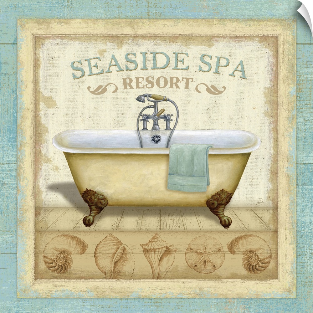 Square, beach themed home art docor of an antique bathtub with the text "Seaside Spa Resort" above it, various sea shells ...