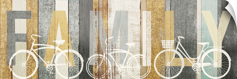"FAMILY" painted on wood panels with white silhouettes of bicycles.