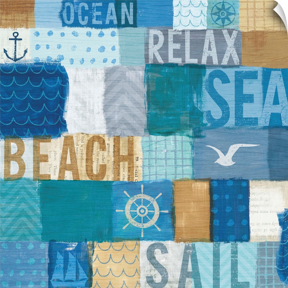 Square art with shades of blue, tan, and white patches with different patterns and designs and the words "Ocean," "Beach,"...