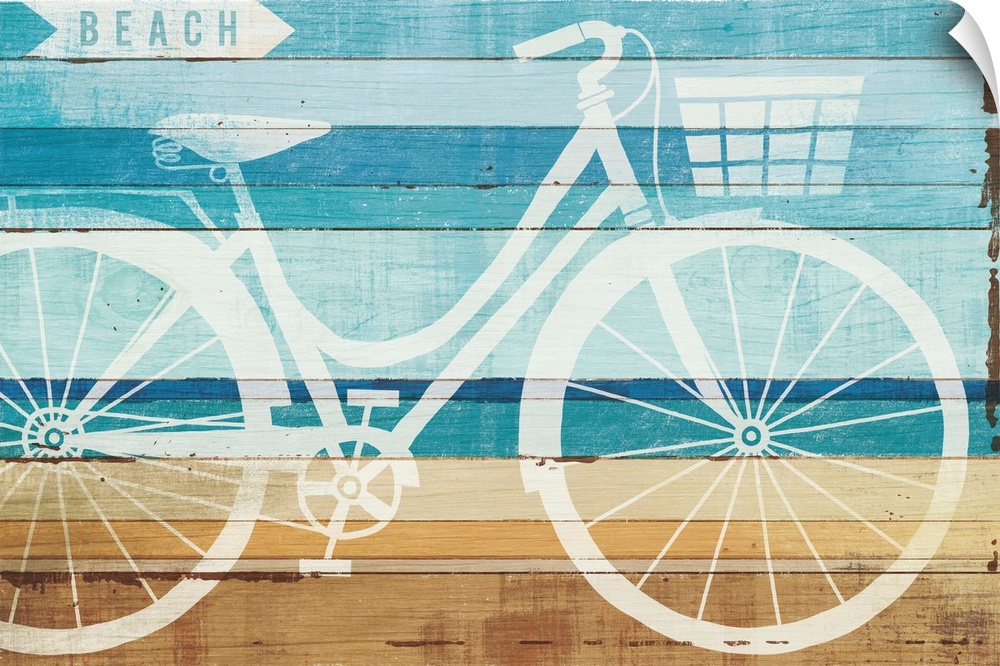 White silhouette of a bicycle and a sign pointing to the beach on a wood panel background.
