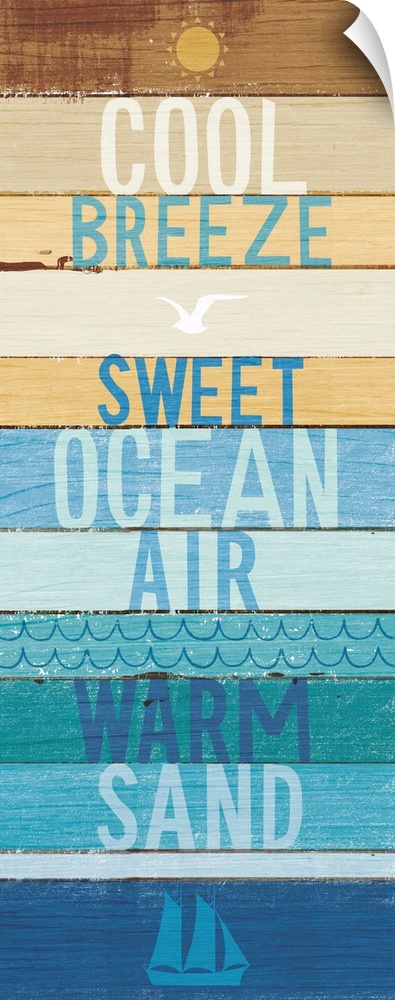 "Cool Breeze- Sweet Ocean Air- Warm Sand" on a blue and tan wood paneled background.