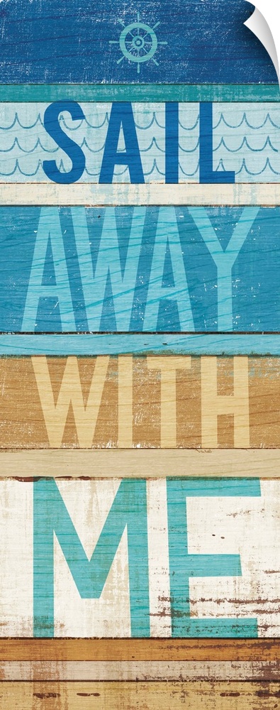 "Sail Away With Me" on a blue and tan wood paneled background.
