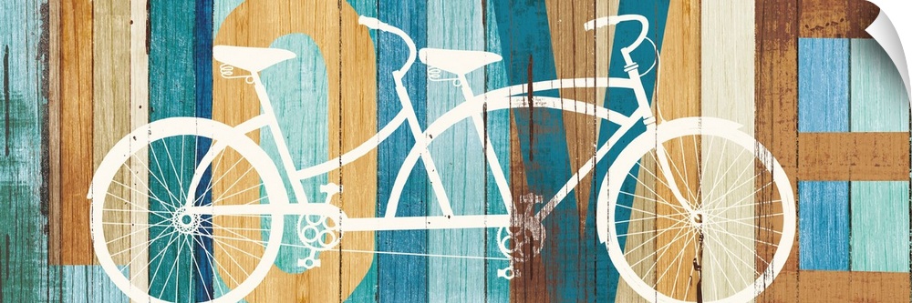 "LOVE" painted on a wood paneled background with a white silhouette of a tandem bicycle on top.