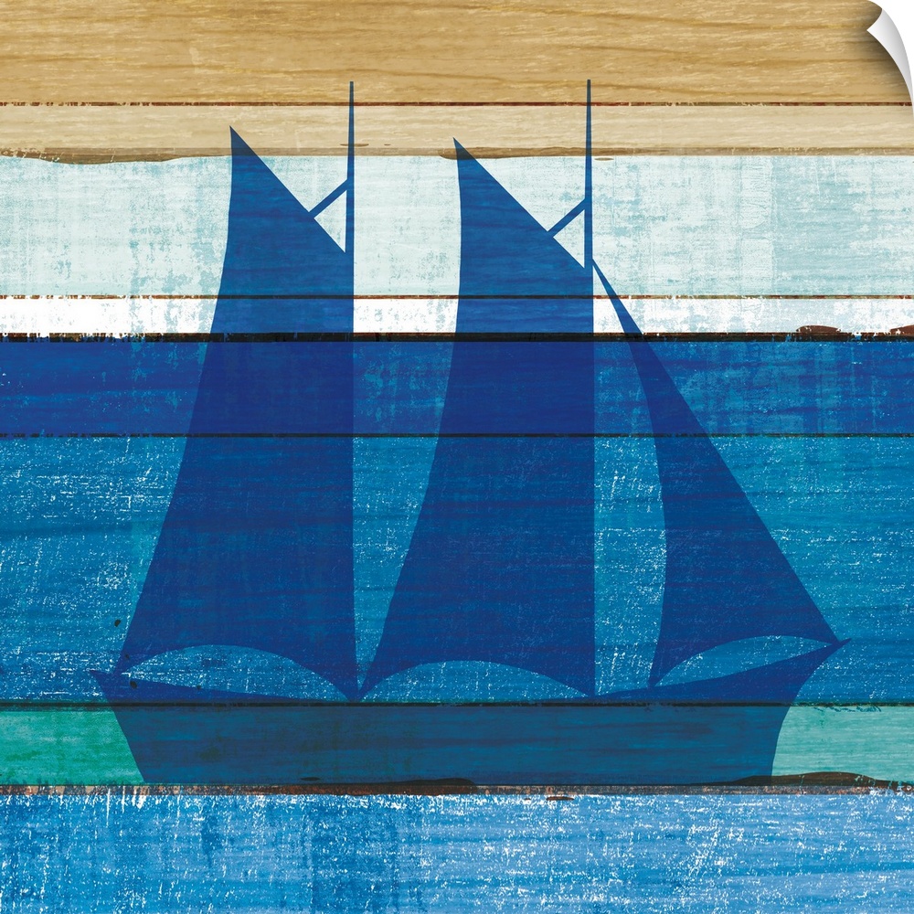 Blue sailboat on a blue and brown painted wood background.