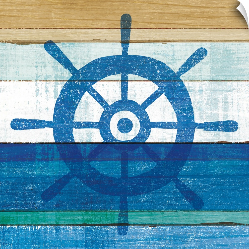 Blue wheel on a blue and brown painted wood background.