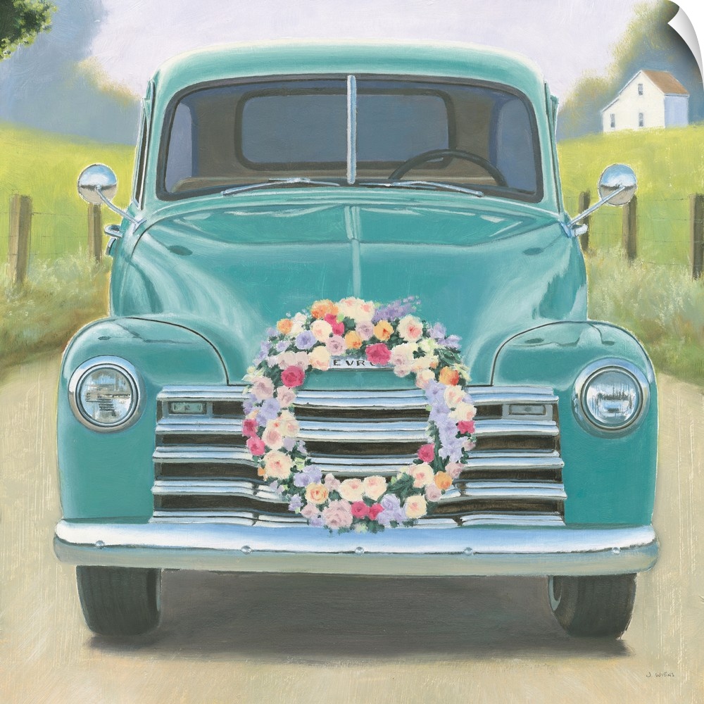 Square contemporary painting of a vintage teal truck with a wreath of flower on the front.