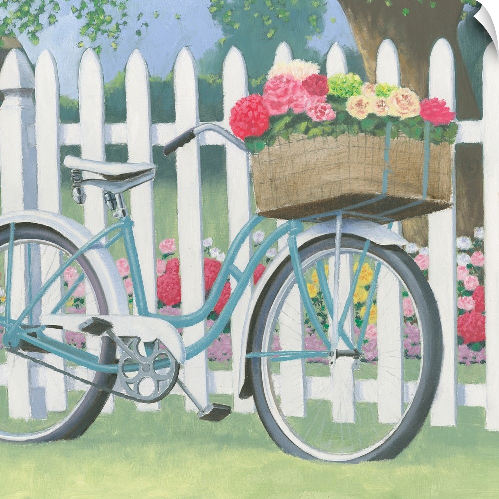 Square contemporary painting of a blue bicycle and a front basket of flowers leaning on a white picket fence.