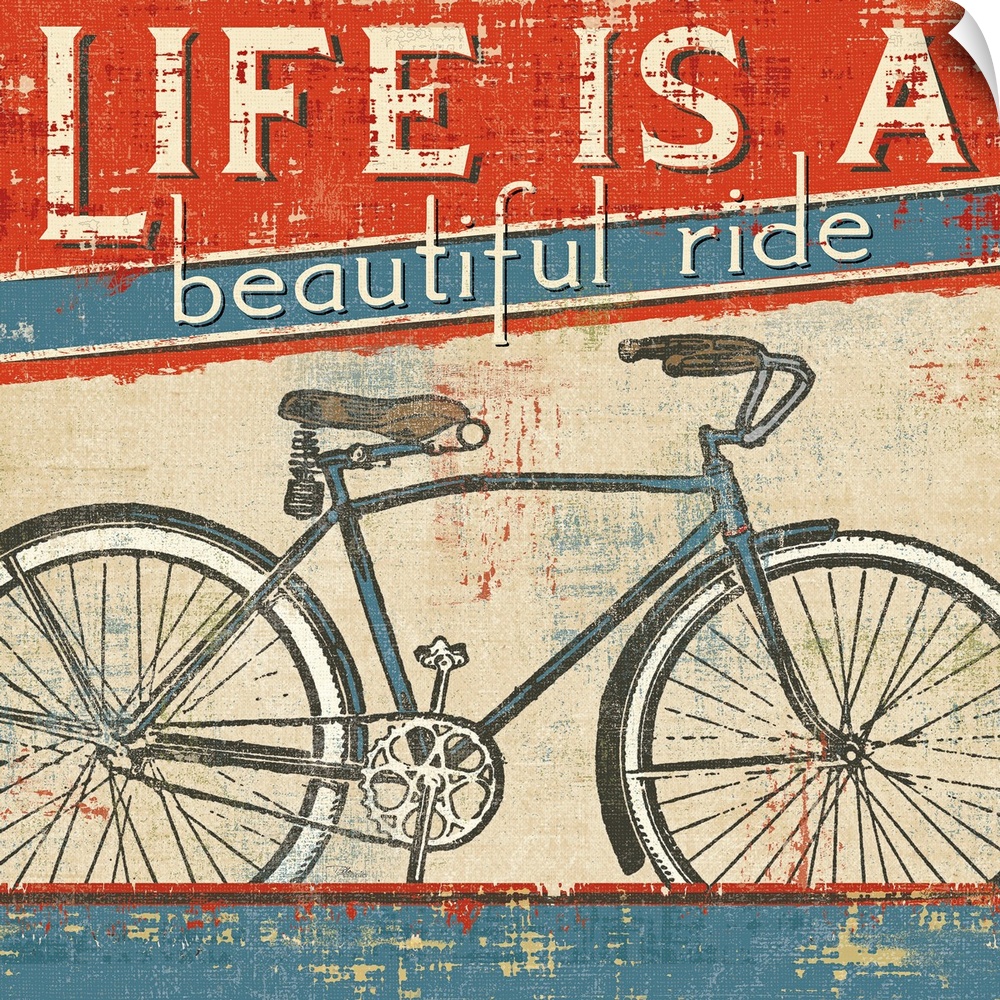 Square wall art of a bicycle with retro typography inspired by vintage posters.