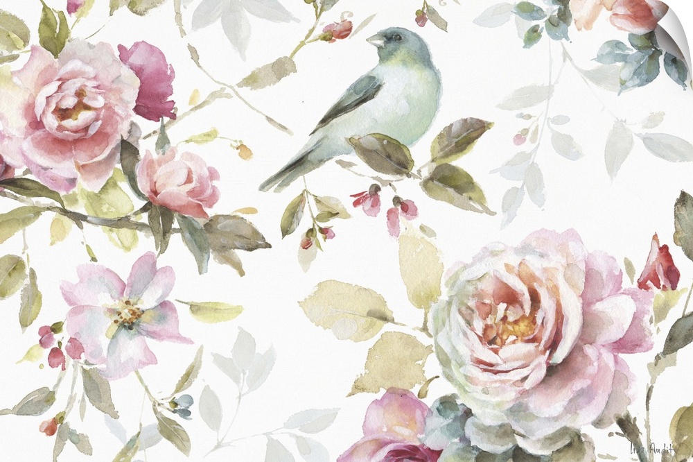 Watercolor painting of a blue bird surrounded by pink roses and flowers.