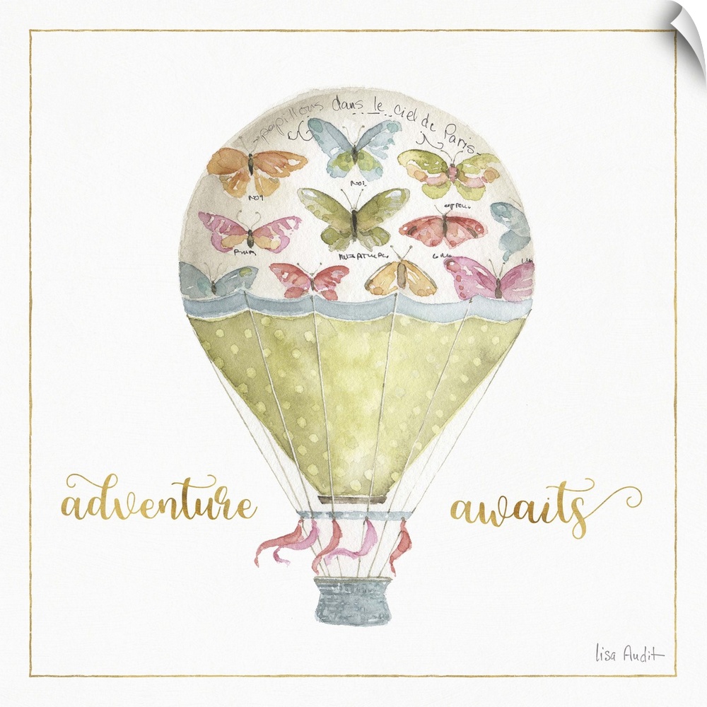 Square watercolor painting of a hot air balloon decorated with colorful butterflies and green polka dots with the phrase "...