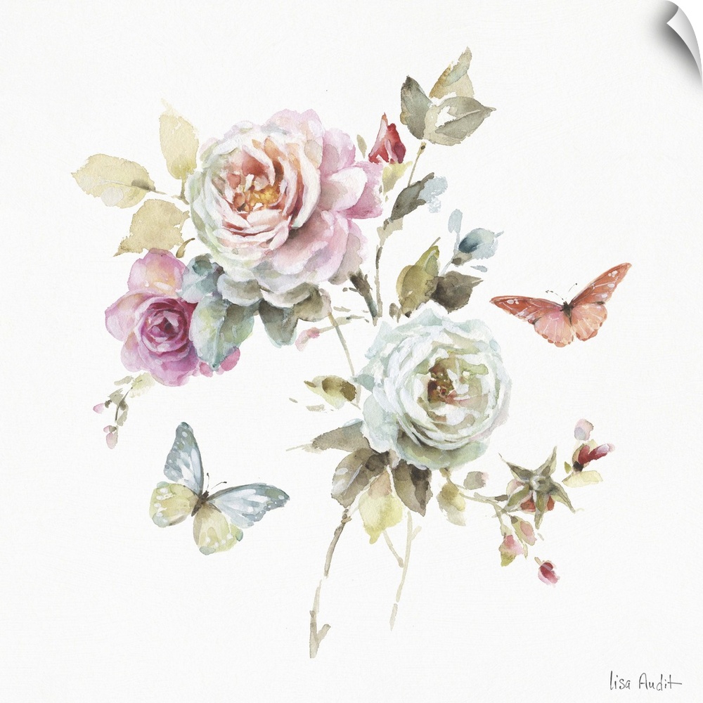 Square watercolor painting of roses and butterflies.