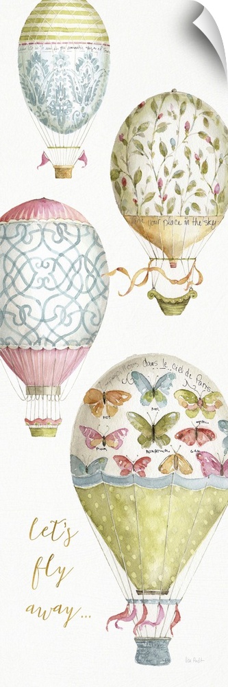 Tall rectangular watercolor painting of four hot air balloons each with their own intricate designs and the phrase "Let's ...