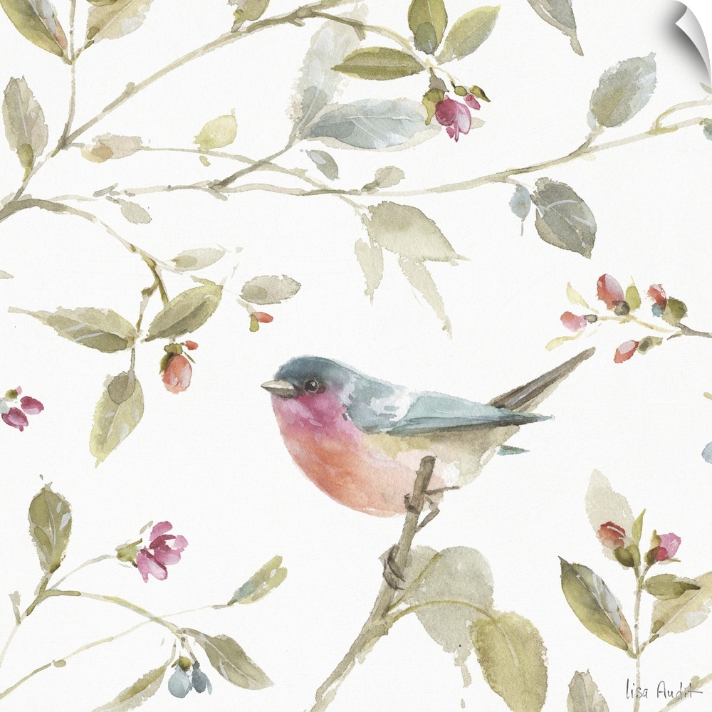 Square watercolor painting of a colorful songbird perched on a branch and surrounded by leaves, flowers, and flower buds.