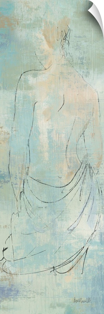 Simple drawing of a nude figure over a textured background.