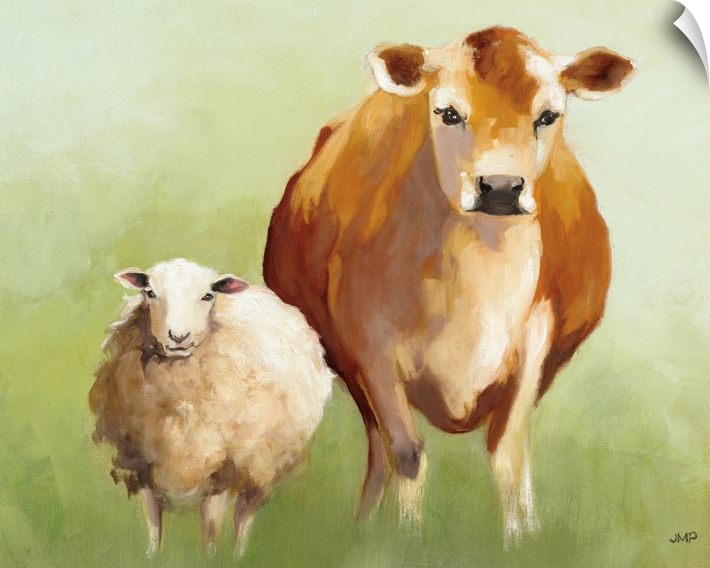 Contemporary painting of a sheep and a cow standing close next to each other.