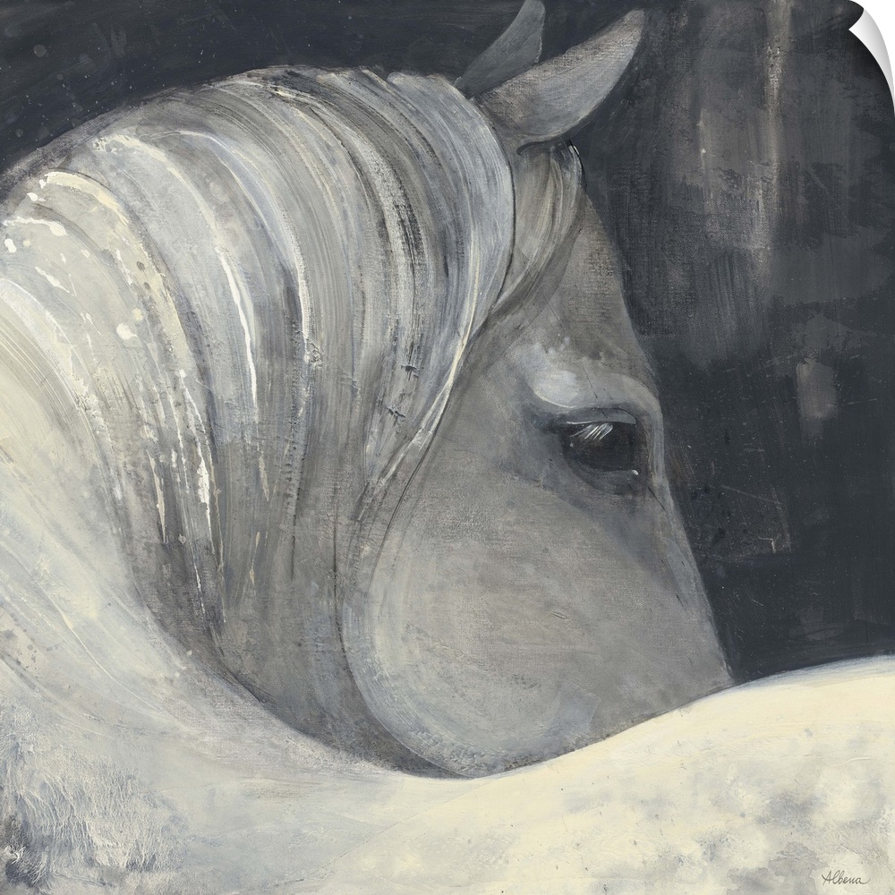 Square grey toned painting of a horse on a dark background.