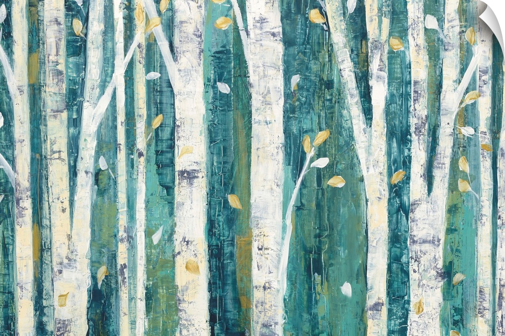 Contemporary artwork of white birch trees in a teal forest.