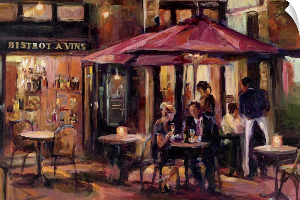 Contemporary painting of a couple drinking wine on the patio of a French bistro.