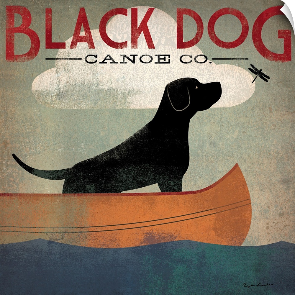 Contemporary artwork of a stylized black dog sitting in a canoe looking at a dragon fly with an overall grungy looking tex...