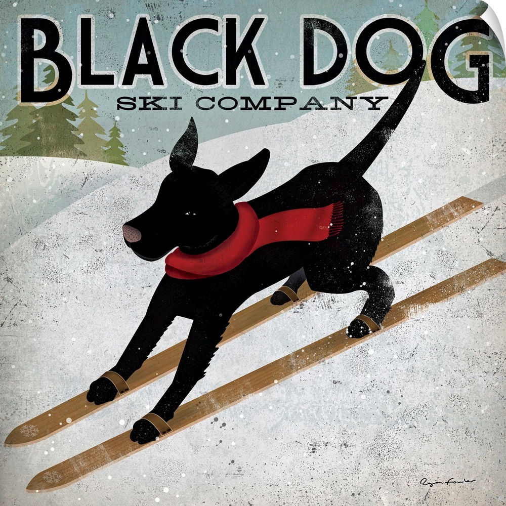 Giant square canvas art displays an advertisement for Black Dog Ski Company.  In the ad, a dog wearing a scarf skis down a...