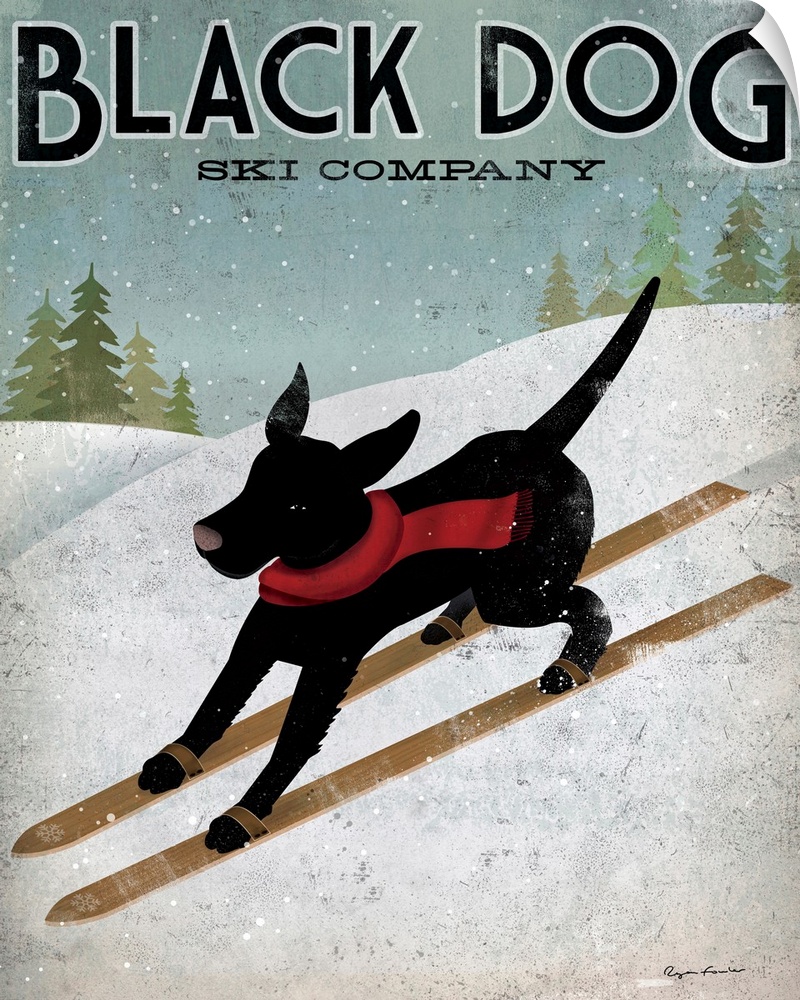 Giant advertisement art displays a canine wearing a scarf skiing down a snow covered mountain while dodging trees.