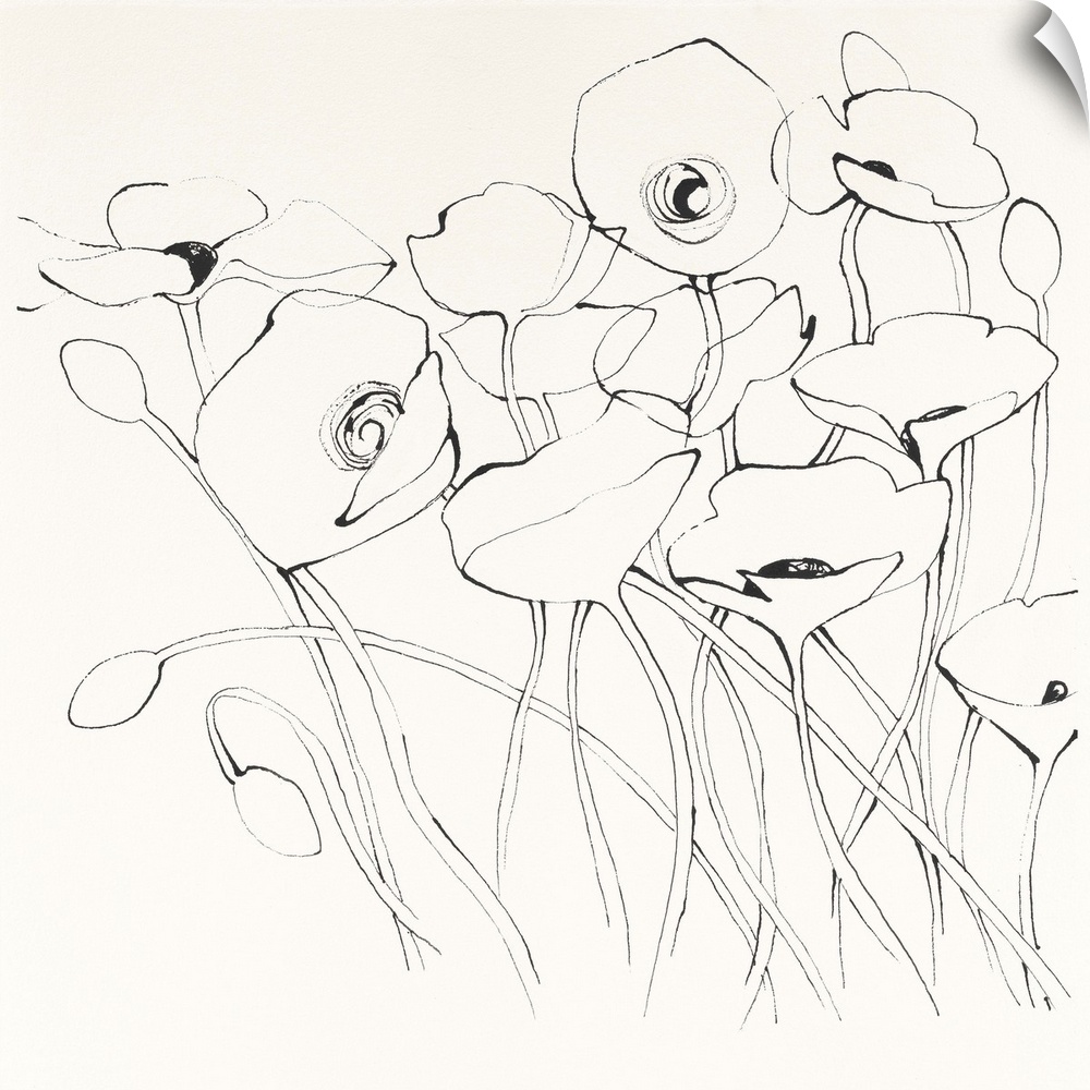 Contemporary illustrative artwork of outlined flowers against a cream toned background.
