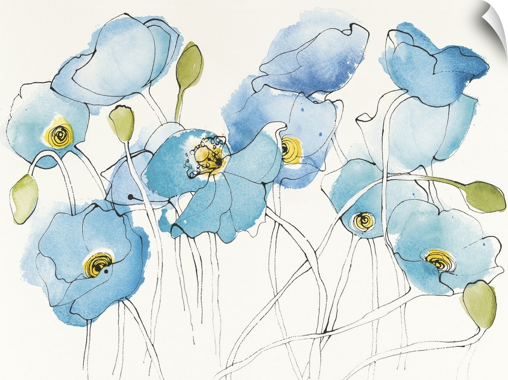 Contemporary watercolor painting of blue poppies against an off white background.