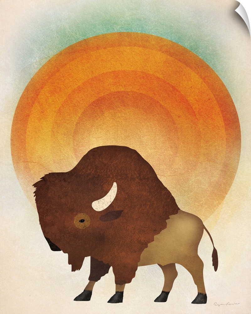 Illustration of a bison in front of a giant orange sun.