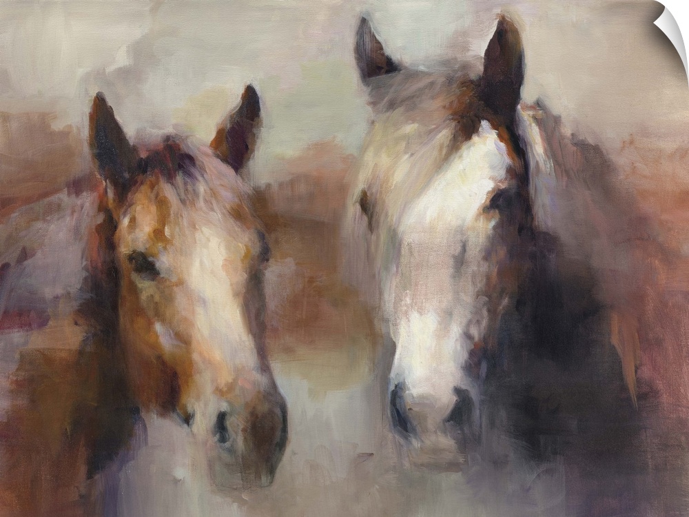 Contemporary artwork of a portrait of two horses surrounded by warm earthy tones.