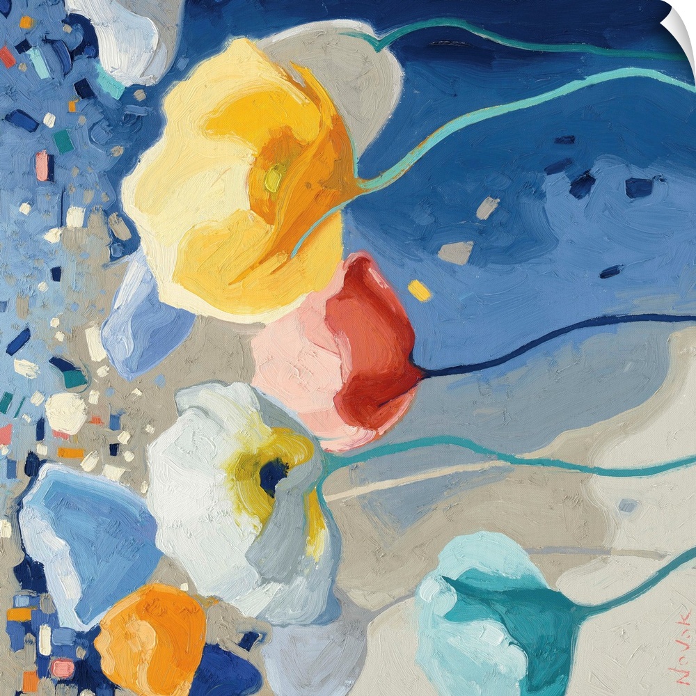 Contemporary artwork of colorful poppies in a blue field.