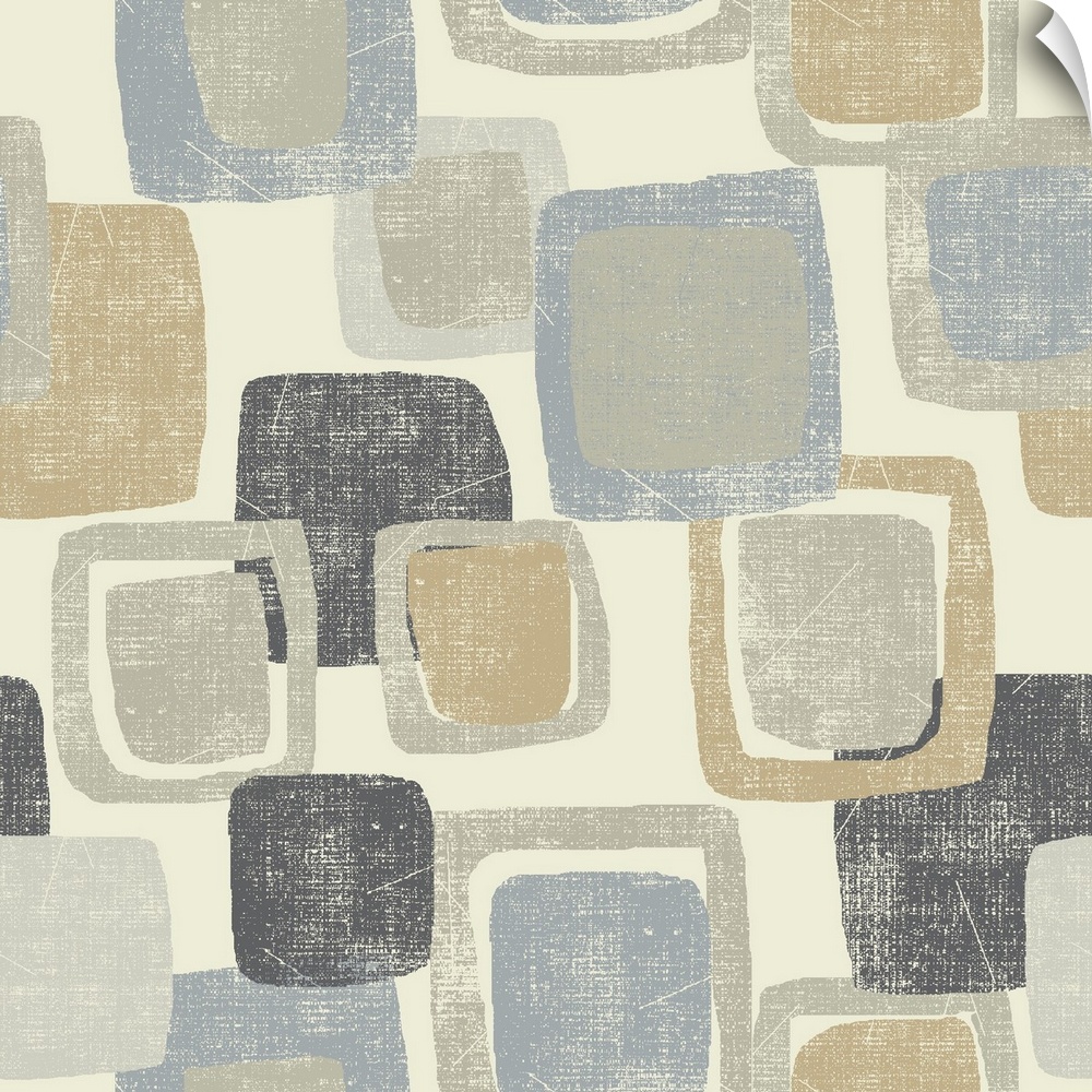 Abstract artwork filled with gray, tan, and blue squares stacked on a cream colored background.