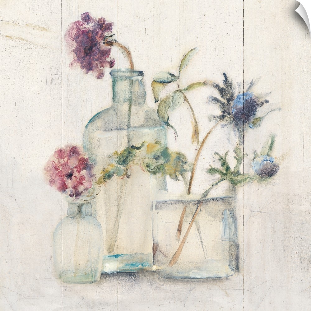 Square artwork with flowers in glass vases on a rustic shiplap background.