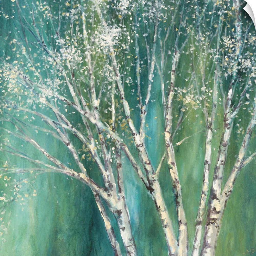 Painting of a white birch tree against a teal background.