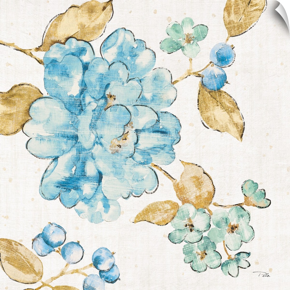 Square blue floral painting with gold leaves and stems.