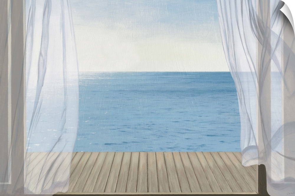 Coastal artwork looking out over a calm sea from an open door.