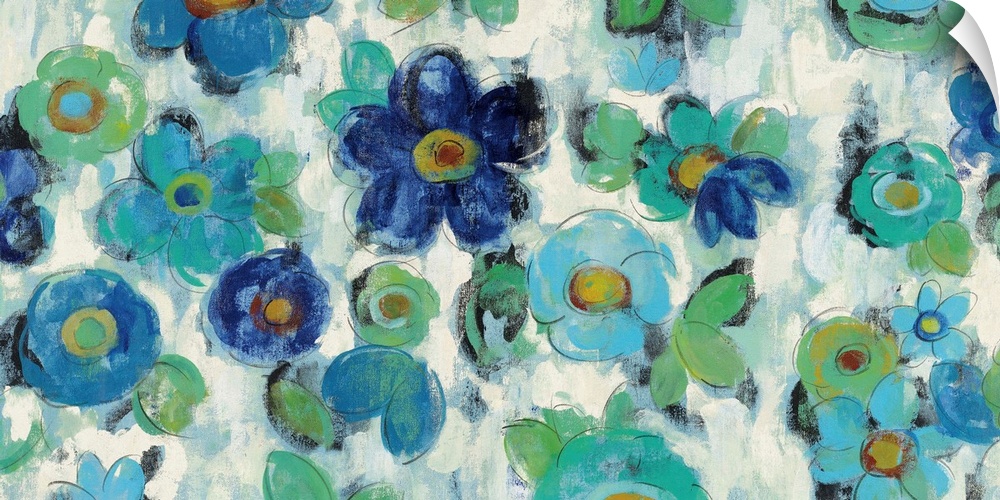 Weathered artwork of blue and green garden flowers against a neutral distressed background.
