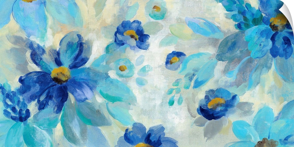 Large abstract painting of flowers in different shades of blue.