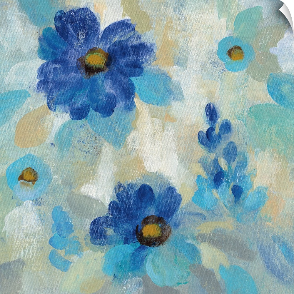 Contemporary square painting of blue flowers on a neutral background.