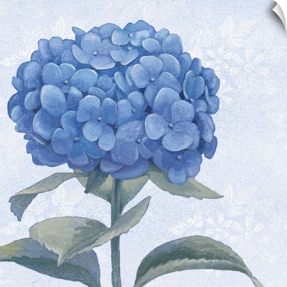 Painting of hydrangea blossoms in soft blue and green tones.