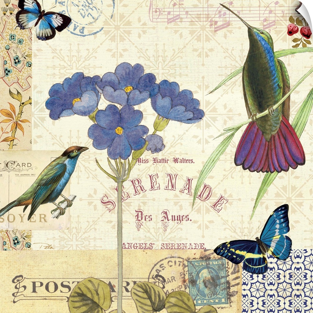 A contemporary piece of artwork of a collage images. Including a bird with butterflies and blue flowers.